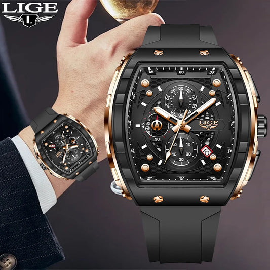 LIGE Top Brand Luxury Quartz Man Watch Silicone Strap Square Outdoor Casual Sports Fashion Waterproof Auto Date Watches for Mens
