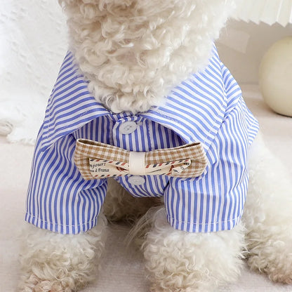 Pet Dog Clothes Bowknot Striped Shirts Thin Summer Blue Fashion Chihuahua Stripe Shirt for Small Dogs Clothing
