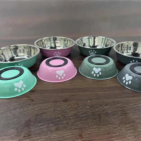 New stainless steel dog basin paw print pet supplies cat bowl dog bowl silicone anti-slip design pet drinking water feeding bowl