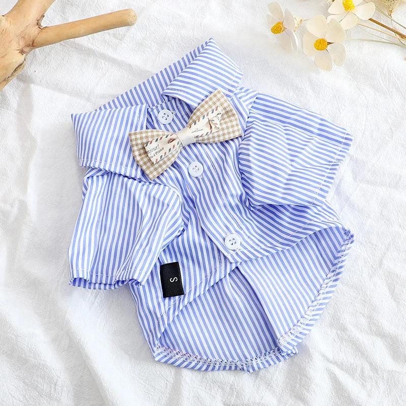 Pet Dog Clothes Bowknot Striped Shirts Thin Summer Blue Fashion Chihuahua Stripe Shirt for Small Dogs Clothing