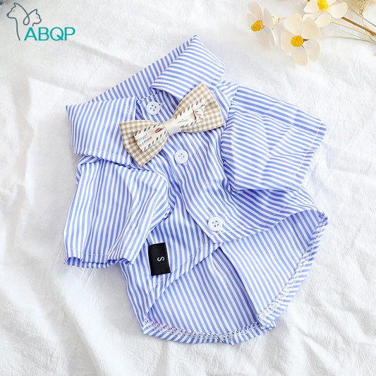 Pet Dog Clothes Bowknot Striped Shirts Thin Summer Blue Fashion Chihuahua Stripe Shirt for Small Dogs Clothing